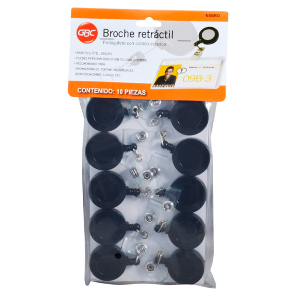 BROCHE RETRACTIL TIPO YOYO NEGRO C/10PZ
